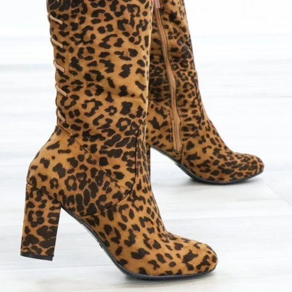 Suede Leopard Thigh High Heeled Boots Back Laces - Picture 15 of 15